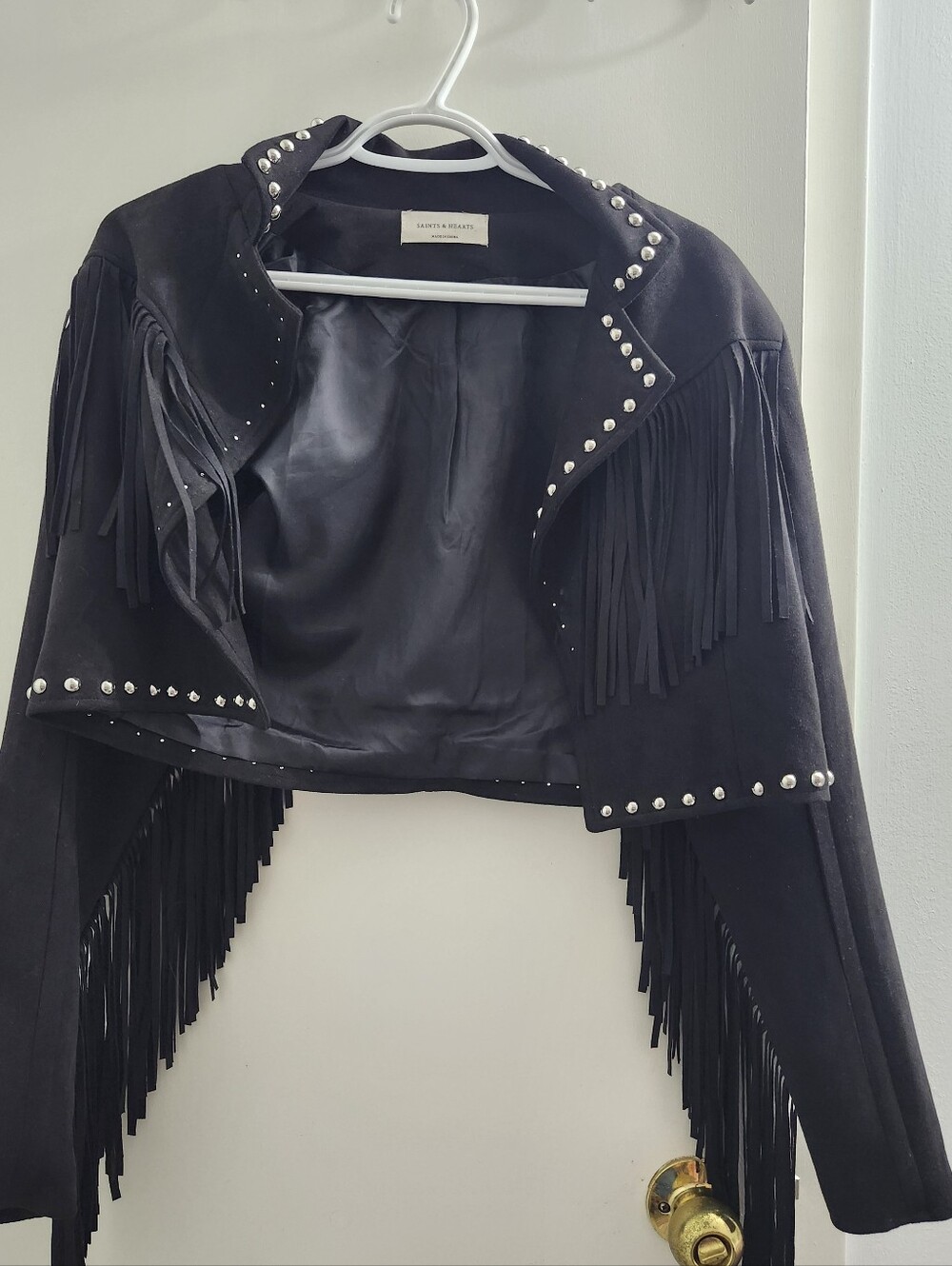 Women's Black Studded Fringe Leather Jacket - Saint's & Hearts